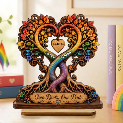 Personalized 2-Layer Wooden Plaque, Intertwined Rainbow Heart Trees, Unique Creative Gift for LGBTQ Couple