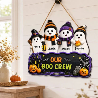Our Boo Crew Wooden Sign, Personalized Ghost Family with Pumpkins and Haunted House, Creative Gift for Family