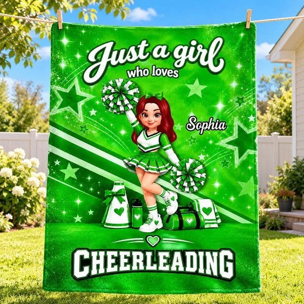 Personalized Fleece Blanket, Pink Cheerleader Raising Pom-Poms, Unique Gift for Daughter or Cheer Fan