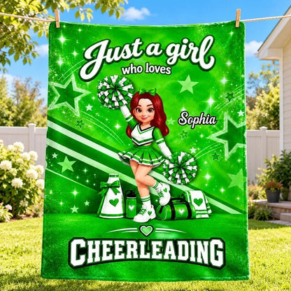 Personalized Fleece Blanket, Pink Cheerleader Raising Pom-Poms, Unique Gift for Daughter or Cheer Fan