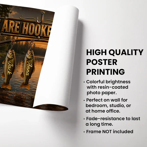 Fishing Rod Sunset Lake Poster, We Are Hooked On Papa, Unique Gift For Dad