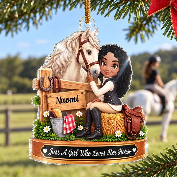 Personalized Acrylic Ornament, Girl Cuddling a Chestnut Horse at a Rustic Stable, Unique Christmas Gift for Horse Lover