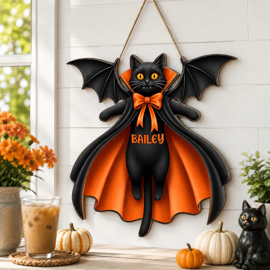 Personalized Cat Vampire Wooden Sign, Pumpkin Front Door Decor, Unique Gift for Cat Lovers