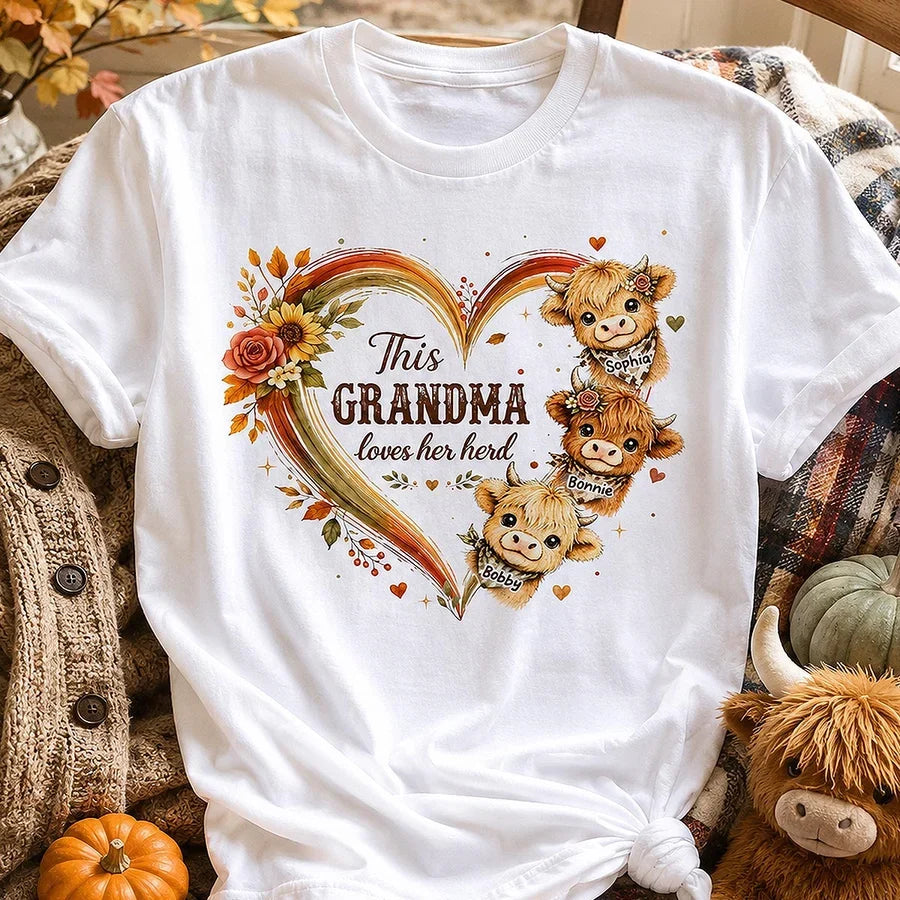 Personalized Classic Tee with Cute Highland Cows, Autumn Floral Heart, Unique Gift for Grandma