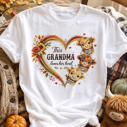 Personalized Classic Tee with Cute Highland Cows, Autumn Floral Heart, Unique Gift for Grandma
