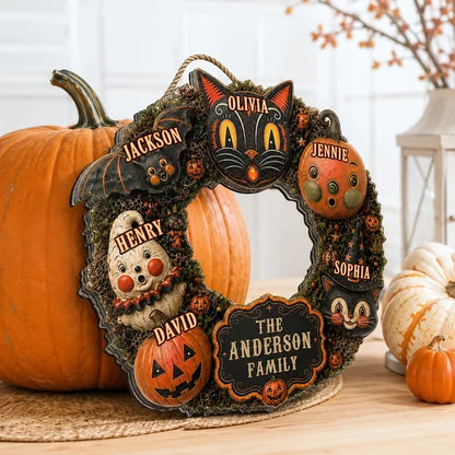 Personalized Wooden Sign, Custom Family Black Cat and Pumpkin Halloween Front Door Decor, Unique Gift for Families