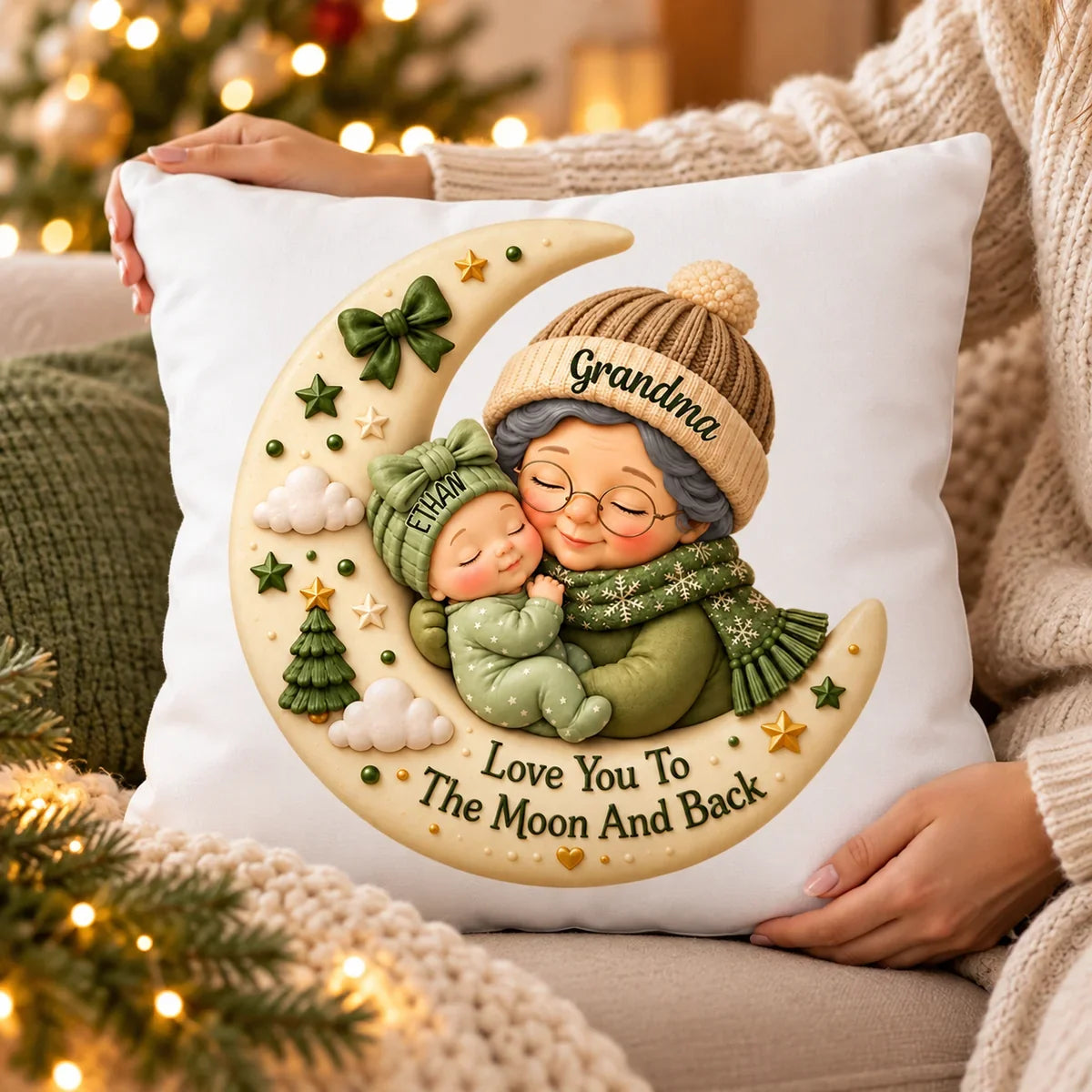 Personalized Square Pillow with Hugging Grandma and Baby on a Christmas Moon, Unique Gift for Grandma