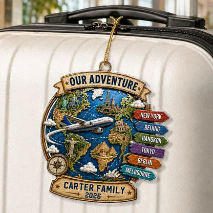 Our Adventure Acrylic Ornament, Personalized Travel Keepsake with Landmarks, Unique Gift for Couple and Family