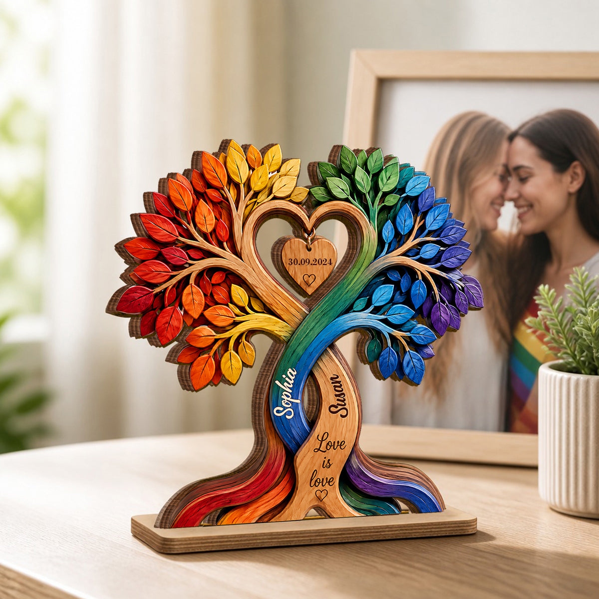 Personalized 2-Layer Wooden Plaque, Rainbow Tree of Love, Unique Gift for LGBT Couple
