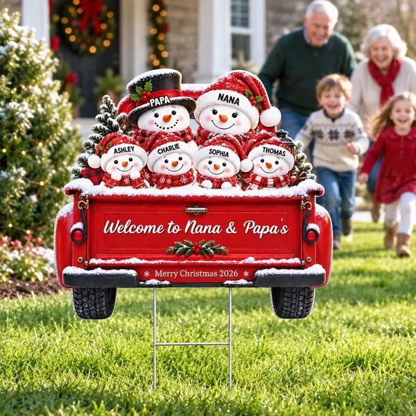 Personalized Shaped Yard Sign, Snowman Family Riding in a Red Truck, Christmas Decor, Unique Gift for Family