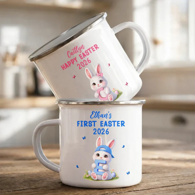 Personalized Easter Bunny Enamel Mug with Custom Initial, Cute Spring Gift for Kids or Family, Sweet Keepsake