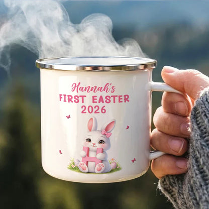 Personalized Easter Bunny Enamel Mug with Custom Initial, Cute Spring Gift for Kids or Family, Sweet Keepsake