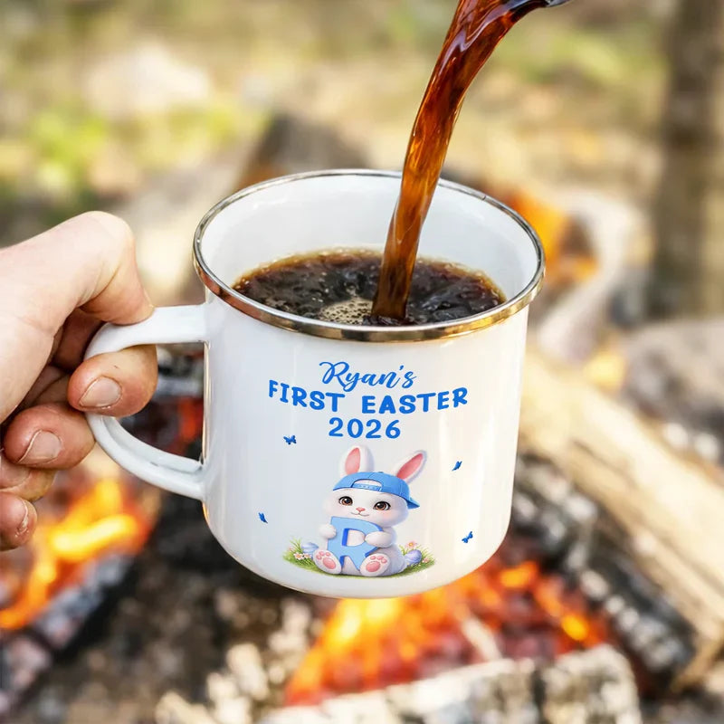 Personalized Easter Bunny Enamel Mug with Custom Initial, Cute Spring Gift for Kids or Family, Sweet Keepsake