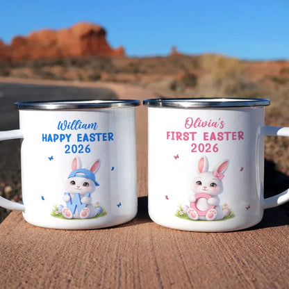 Personalized Easter Bunny Enamel Mug with Custom Initial, Cute Spring Gift for Kids or Family, Sweet Keepsake