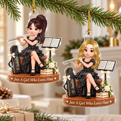 Personalized Acrylic Ornament, Cute Girl Playing Flute on a Christmas Tree, Unique Gift for Daughter or Granddaughter