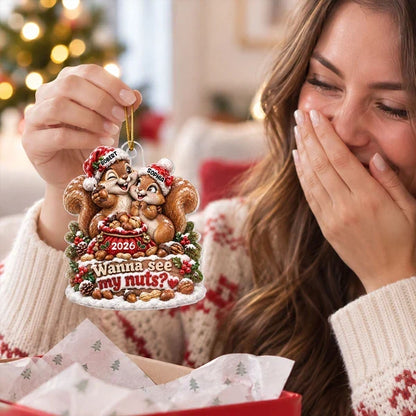 Personalized Acrylic Ornament with Cuddling Christmas Squirrels, Creative Gift for Couples