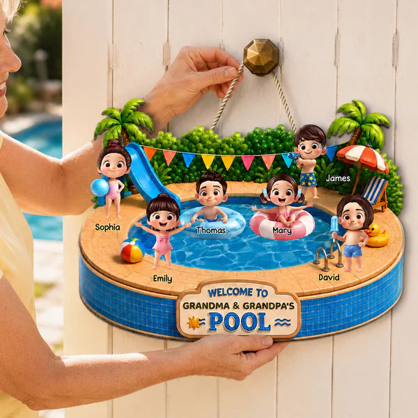 Personalized Wooden Sign with Kids Playing at Pool, Unique Gift for Grandparents, Tropical Door Decor