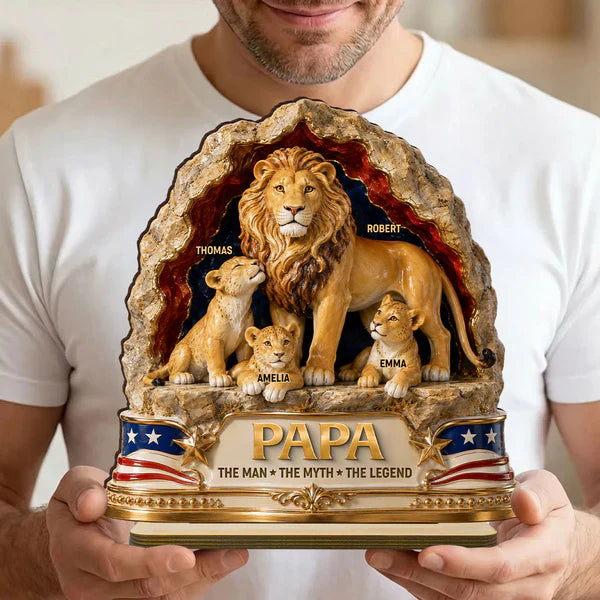 Personalized 2-Layer Wooden Plaque With Lion Dad & Cubs, Unique Father's Day Gift for Dad