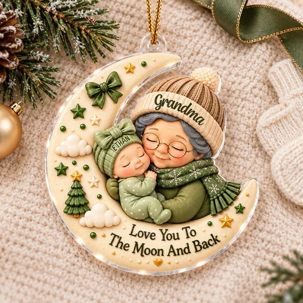 Personalized Acrylic Ornament, Grandma Cuddling Baby on Crescent Moon, Unique Christmas Gift for Grandma