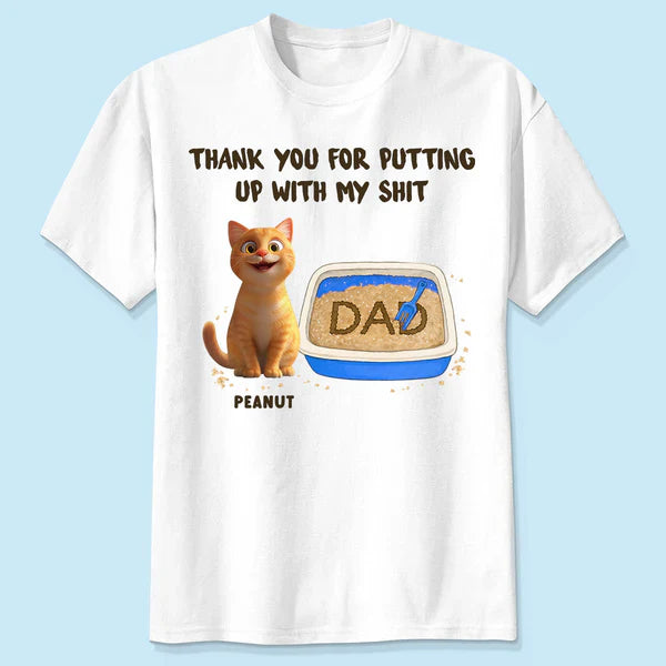 Personalized Classic Tee with Orange Cat & Litter Box, Funny Unique Gift for Cat Dad