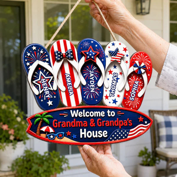 Personalized Wooden Sign With Patriotic Flip Flops, Unique Gift for Grandma & Grandpa