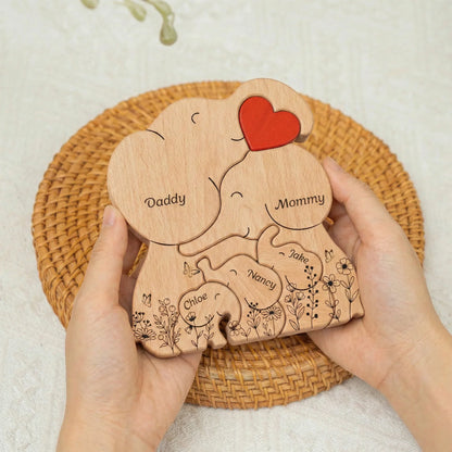 Personalized Elephant Family Wooden Puzzle Plaque, Custom Keepsake for Mom & Dad, Sweet Family Decor, Unique Gift