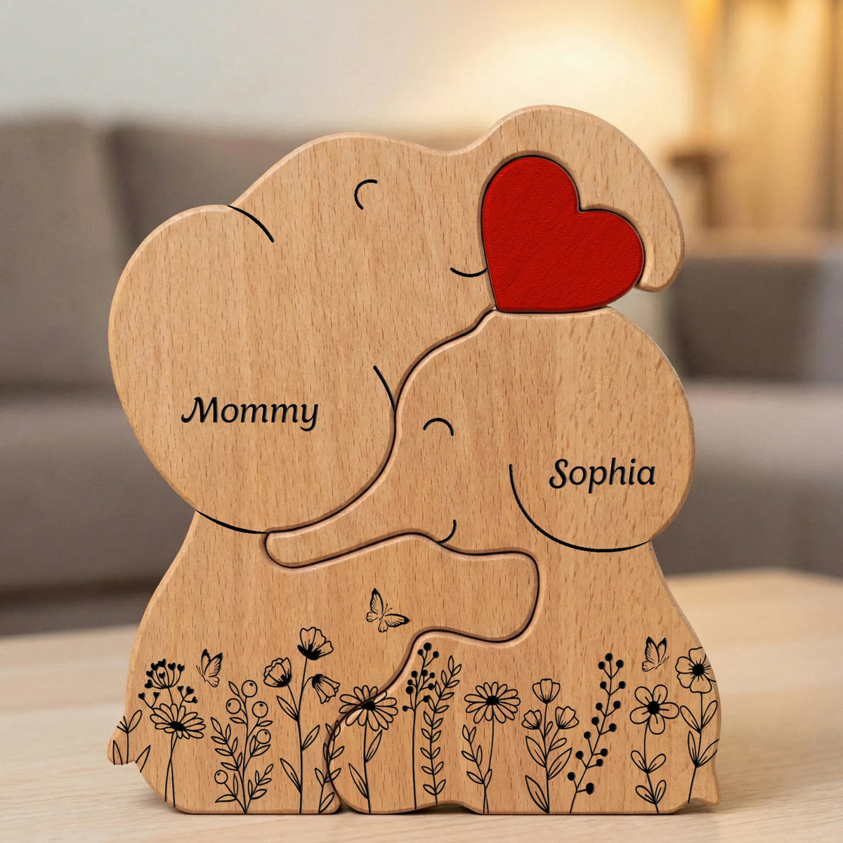 Personalized Elephant Family Wooden Puzzle Plaque, Custom Keepsake for Mom & Dad, Sweet Family Decor, Unique Gift