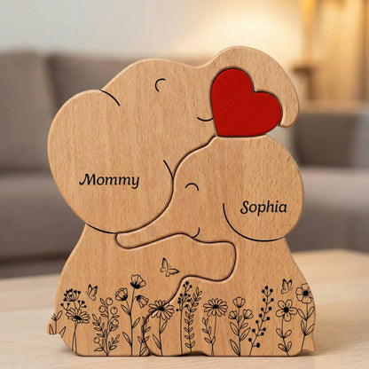 Personalized Elephant Family Wooden Puzzle Plaque, Custom Keepsake for Mom & Dad, Sweet Family Decor, Unique Gift