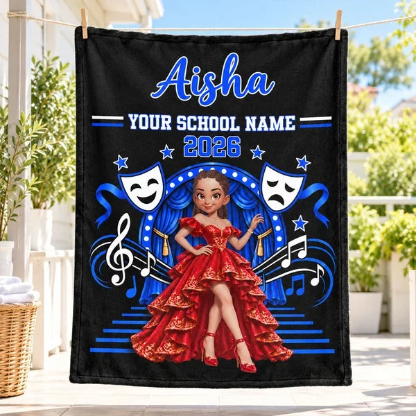 Personalized Fleece Blanket Featuring a Posing Theater Girl on a Red Stage, Unique Gift for Drama Students