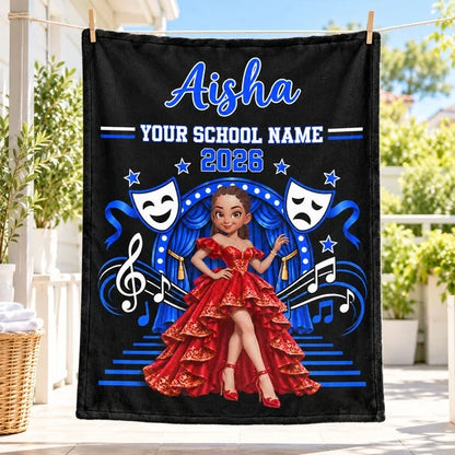 Personalized Fleece Blanket Featuring a Posing Theater Girl on a Red Stage, Unique Gift for Drama Students