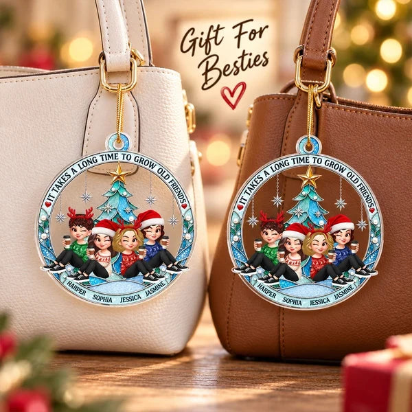 Personalized Acrylic Ornament, Seated Friends by a Turquoise Christmas Tree, Unique Gift for Best Friend