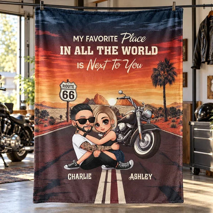 Personalized Fleece Blanket with Hugging Biker Couple at Sunset, Creative Unique Gift for Motorcycle Partners