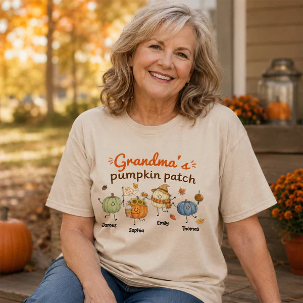 Personalized Grandma Pumpkin Patch Classic Tee, Cute Fall Characters, Unique Gift for Grandma