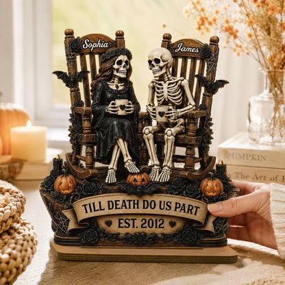 Personalized 2-Layer Wooden Plaque, Sitting Skeleton Couple Halloween Decor, Unique Creative Gift for Couples