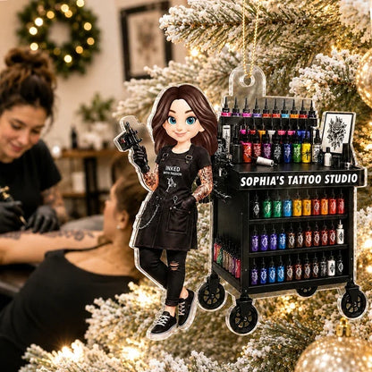 Personalized Acrylic Ornament, Tattoo Artist Holding Machine by Ink Cart on Christmas Tree, Unique Gift for Her