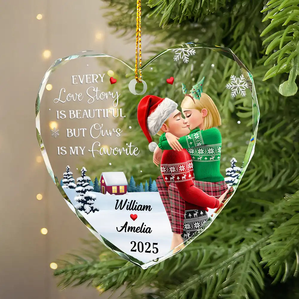 Love,Gift For Couples,Gift For Husband,Gift For Wife,Gift For Boyfriend,Gift For Girlfriend,Christmas - Every Love Story Is Beautiful But Ours Is My Favorite - Personalized Heart Shaped Glass Ornament