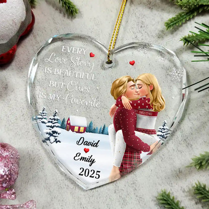 Love,Gift For Couples,Gift For Husband,Gift For Wife,Gift For Boyfriend,Gift For Girlfriend,Christmas - Every Love Story Is Beautiful But Ours Is My Favorite - Personalized Heart Shaped Glass Ornament