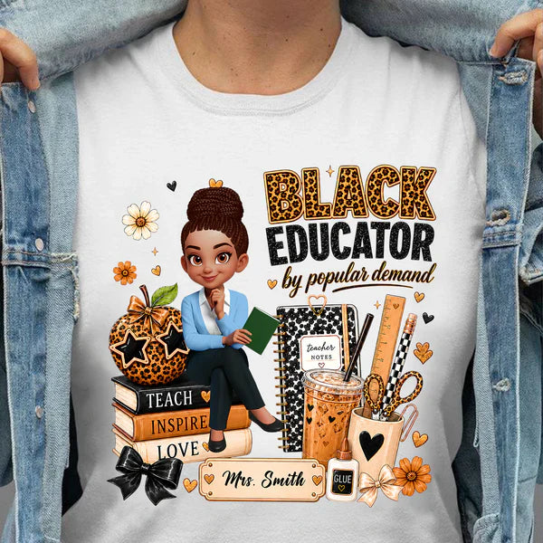 Personalized Black Educator Classic Tee, Cute Teacher Illustration, Unique Back to School Gift