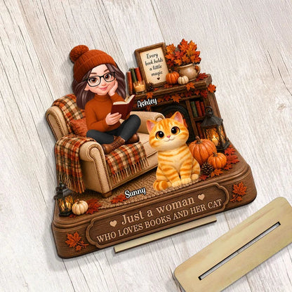 Personalized 2-Layer Wooden Plaque, Woman Reading With Her Cat, Warm Fall Keepsake, Unique Gift for Women Readers