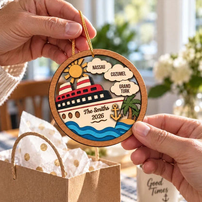 Personalized Family Cruise 2-Layer Wooden Ornament, Tropical Travel Memory, Creative Gift for Travelers