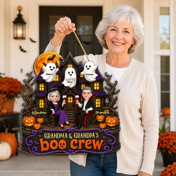 Personalized Wooden Sign With Seated Grandma & Grandpa, Haunted House Halloween Unique Gift