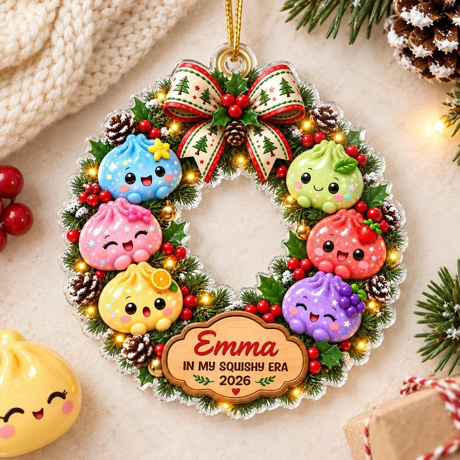 Acrylic Ornament with Colorful Dumpling Wreath, Personalized Christmas Keepsake, Creative Gift for Family