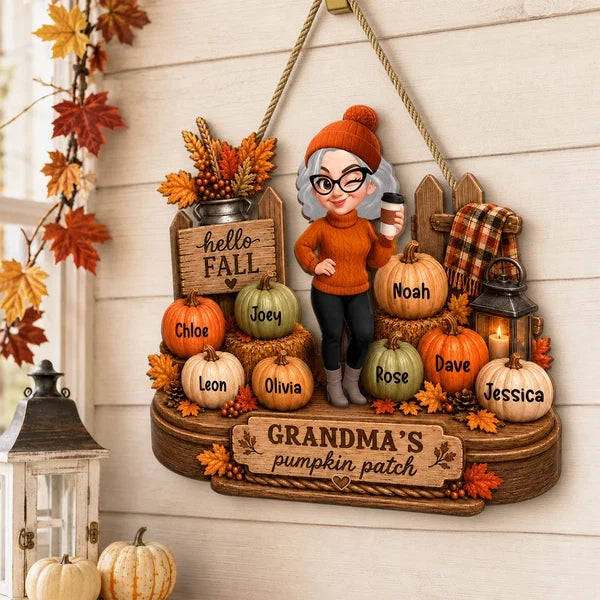 Personalized Wooden Sign, Grandma Holding Coffee on an Autumn Porch, Unique Fall Gift for Grandma