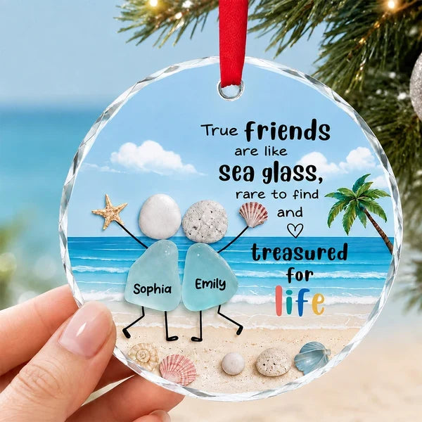 Crystal Ornament, Treasured for Life Sea Glass Friends on a Sunny Beach, Personalized Creative Gift for Bestie