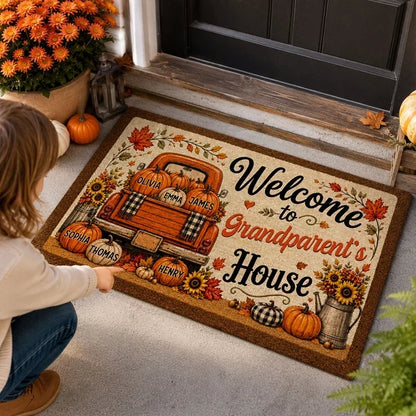 Personalized Standard Doormat with Floral Pumpkin Truck, Fall Entryway Decor, Unique Gift for Grandparents