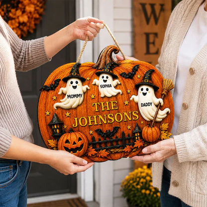 Personalized Wooden Sign With Cute Ghost Family & Pumpkin Decor, Unique Creative Gift For Family