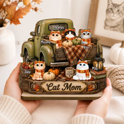 2-Layer Wooden Plaque, Personalized Cats by a Vintage Fall Truck, Heartfelt Creative Gift for Cat Lovers
