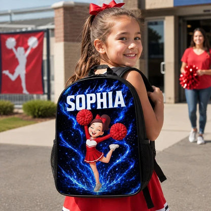 Kids School Backpack, Personalized Red Cheerleader Jumping in a Blue Cosmic Classroom, Creative Back to School Gift for Girls