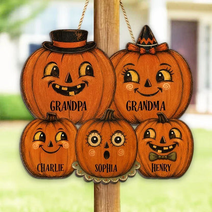 Personalized Wooden Sign with Smiling Pumpkin Family, Retro Halloween Door Decor, Unique Gift for Grandparents