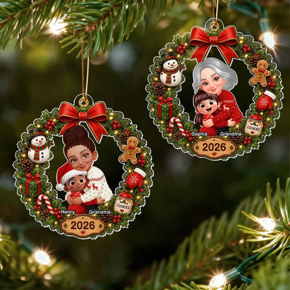 Personalized Acrylic Ornament, Red and Evergreen Grandma Hug Wreath, Unique Christmas Gift for Grandma